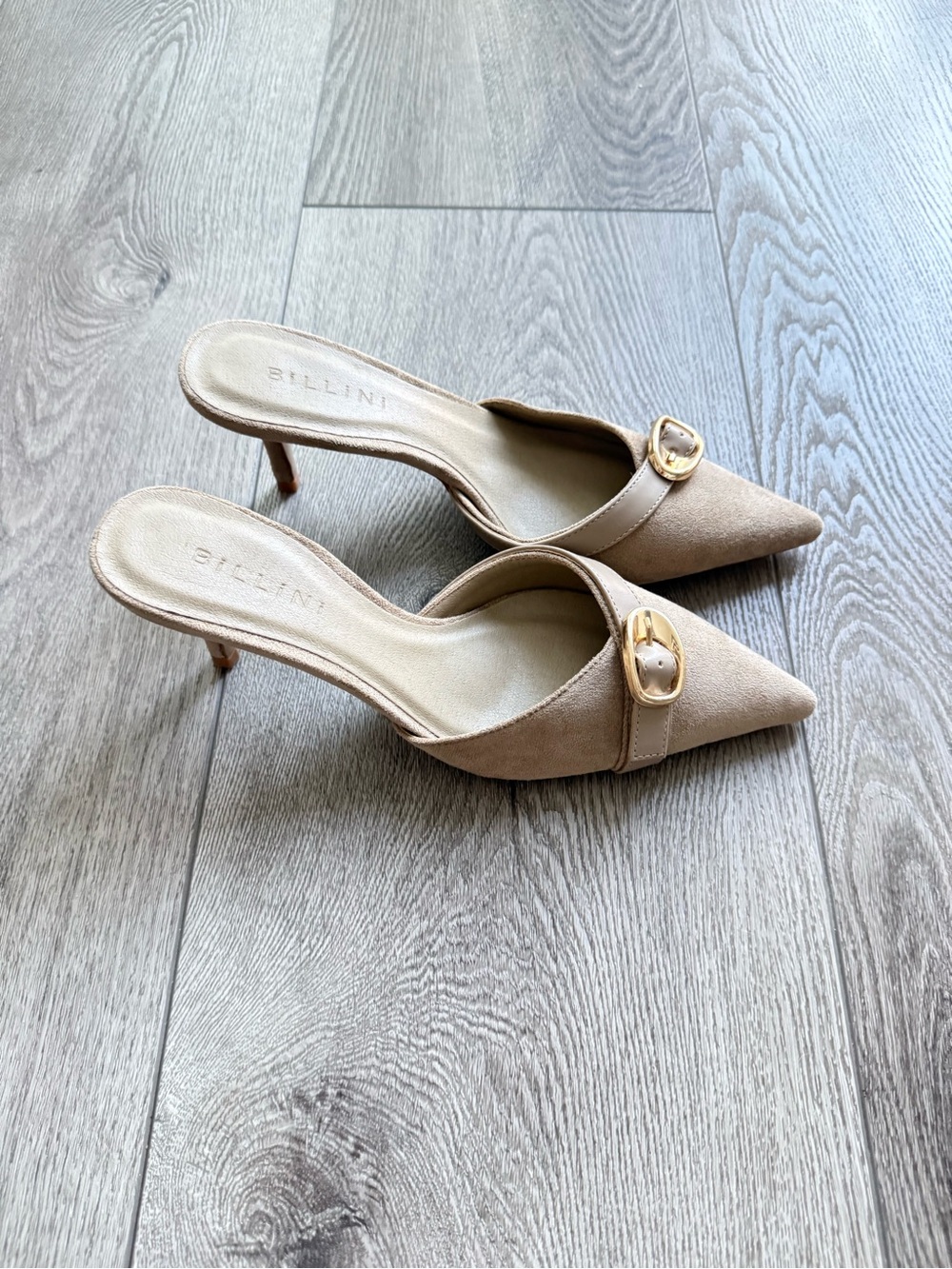billini dakoda taupe tan pointed toe slip on mules high heels with gold buckle 6